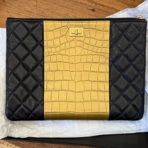 CHANEL Black and Gold Quilted Leather Pouch
